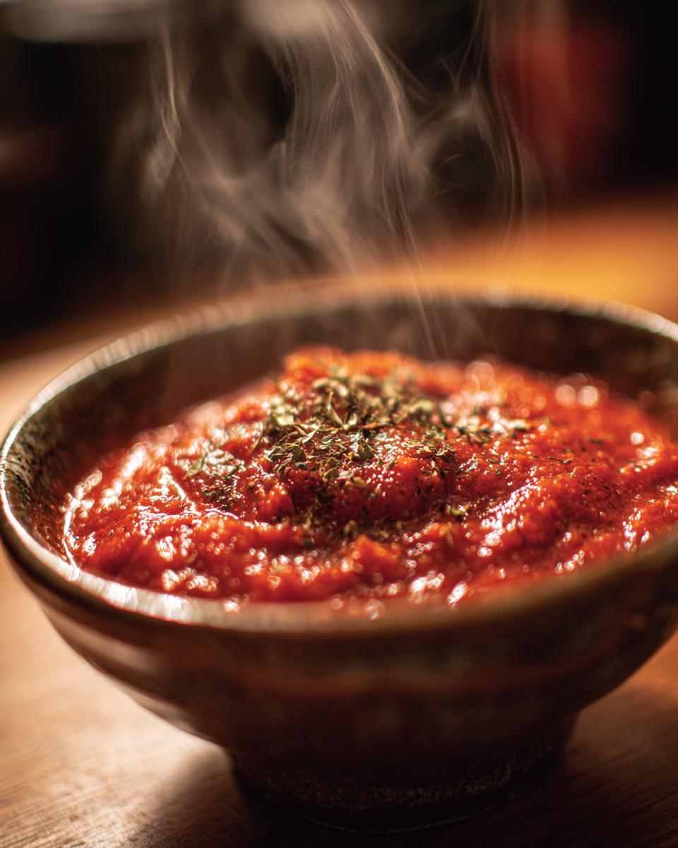 Steaming bowl of homemade marinara sauce, garnished with dried herbs. Ready to serve.