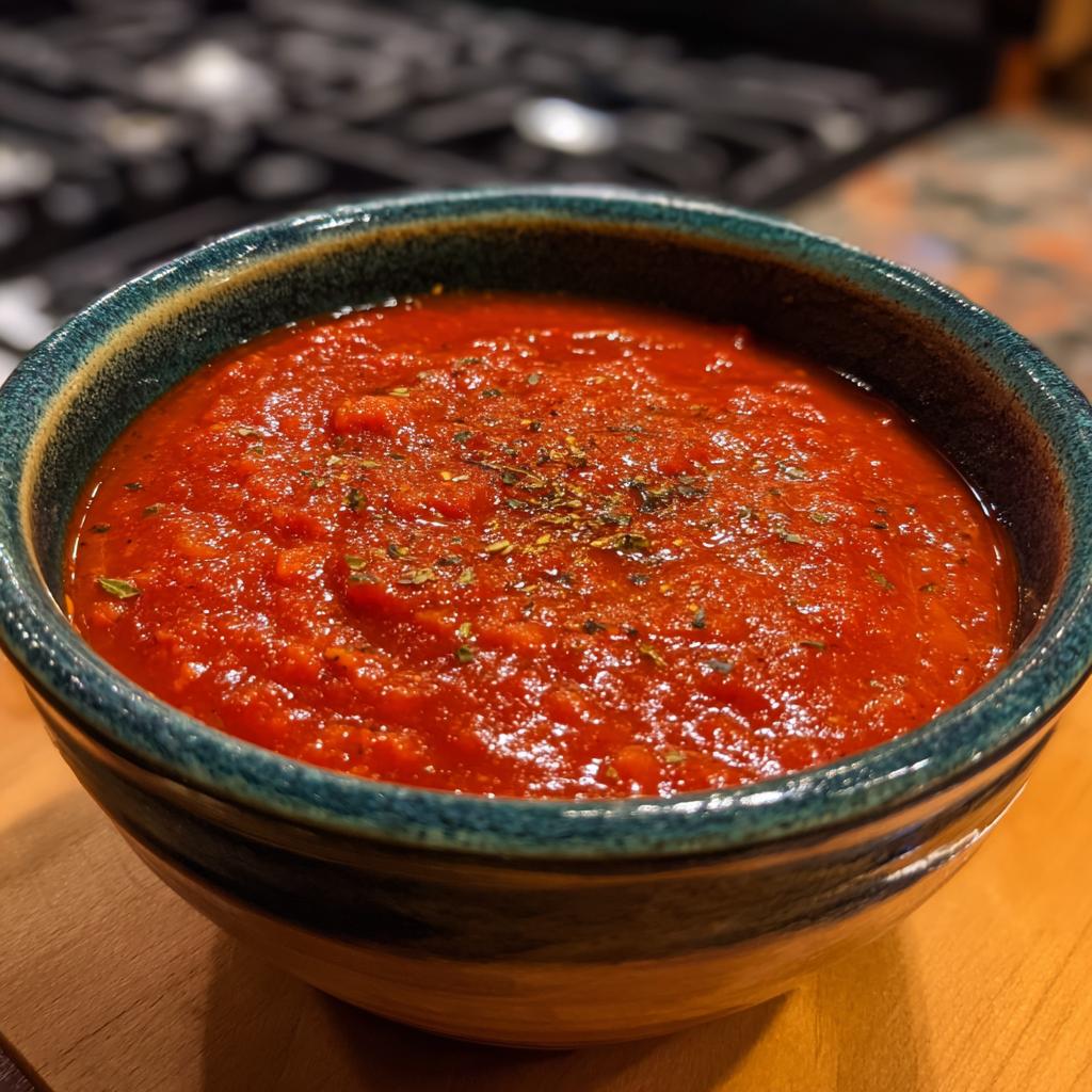 A vibrant bowl of homemade Marinara sauce, topped with herbs, ready to serve.