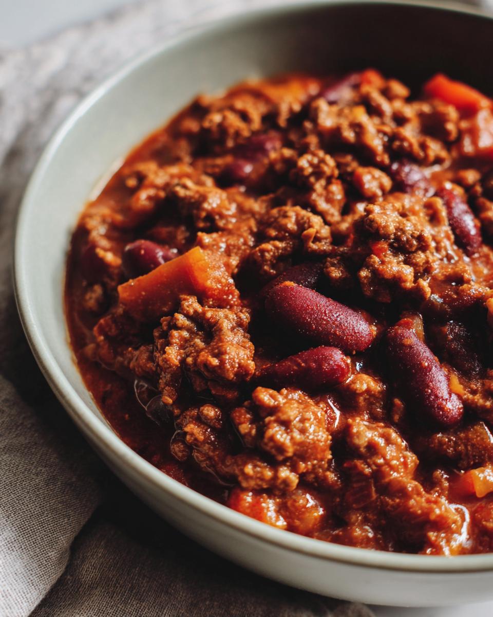Close-up of a bowl of hearty chili, featuring ground meat, kidney beans, and vegetables, perfect for an easy meal.