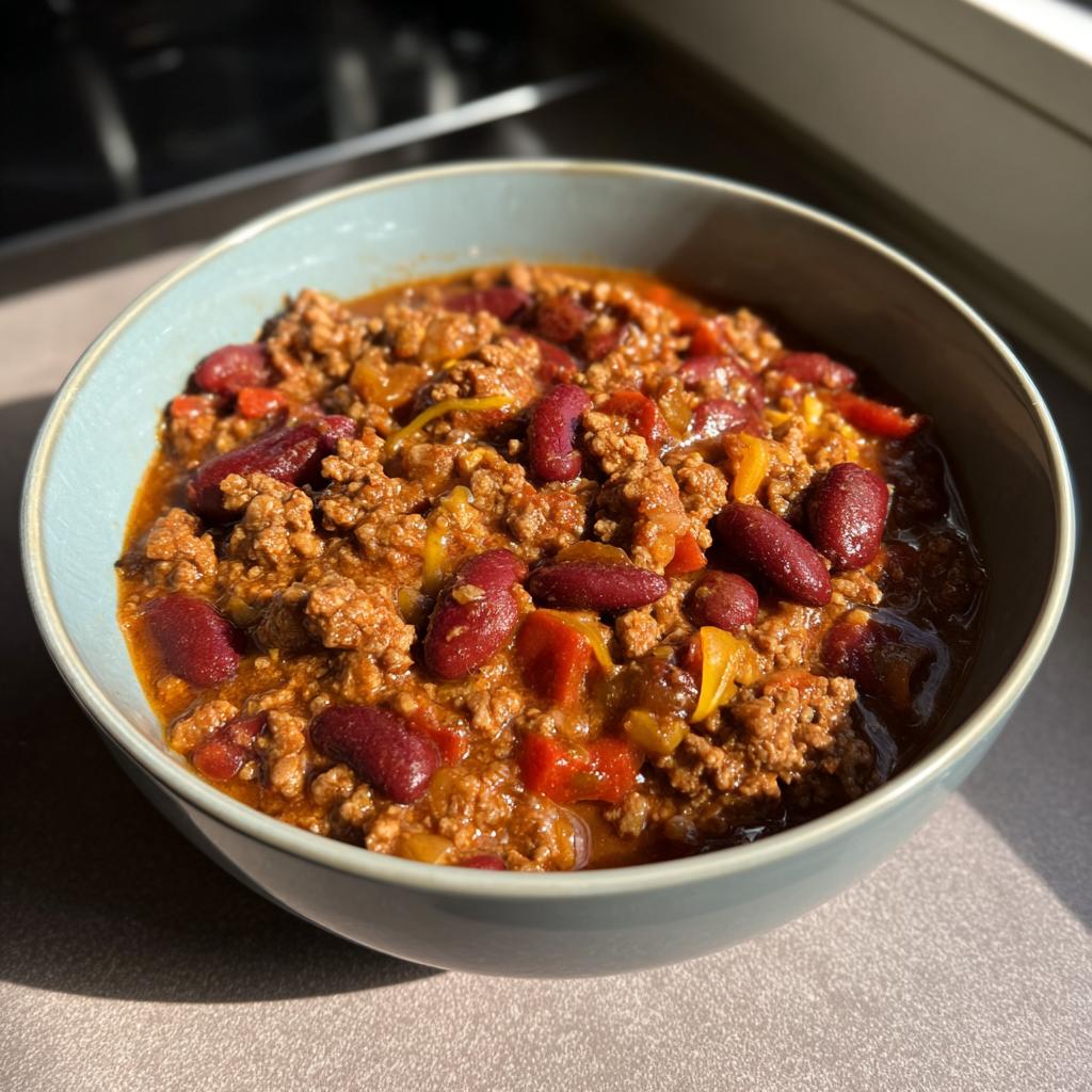 Bowl of chili with kidney beans, ground meat, and peppers, a delicious and easy meal.