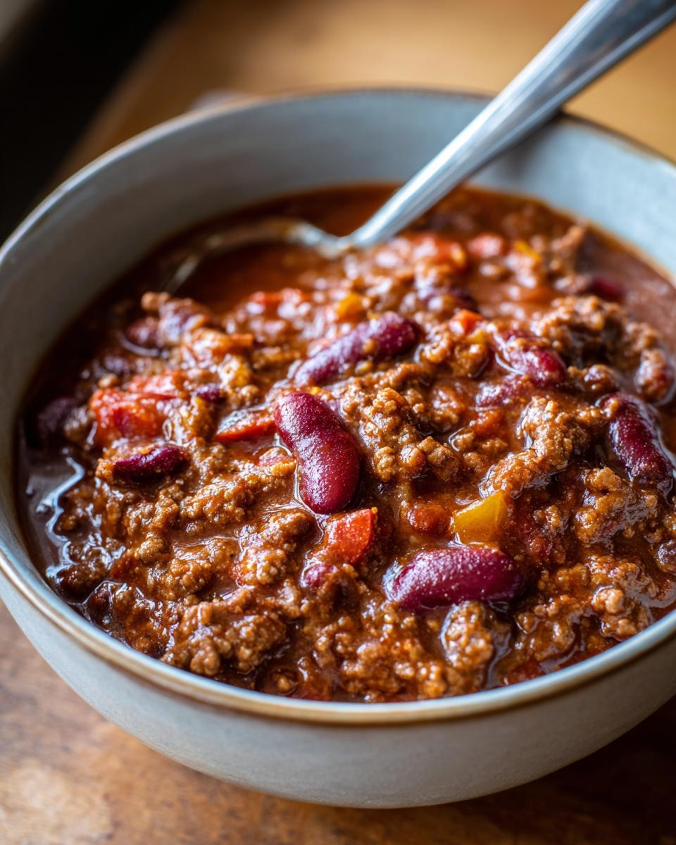 A bowl of hearty chili with kidney beans and ground beef, perfect for easy meals.