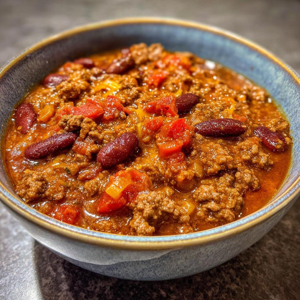 Bowl of chili with ground beef, kidney beans, and tomatoes, a perfect quick dinner.
