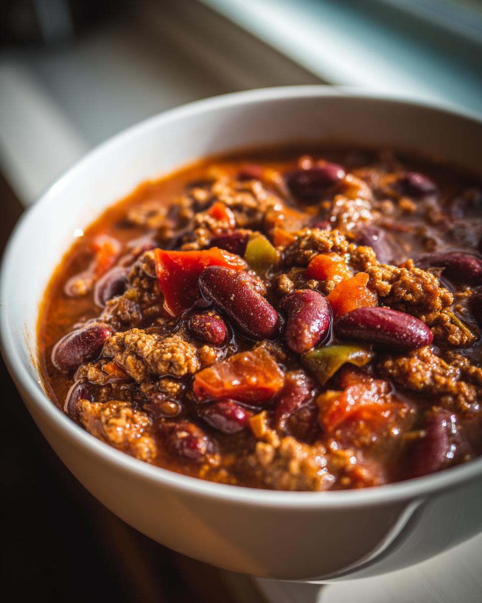 Bowl of chili with kidney beans, ground meat, and peppers, perfect for a quick dinner.