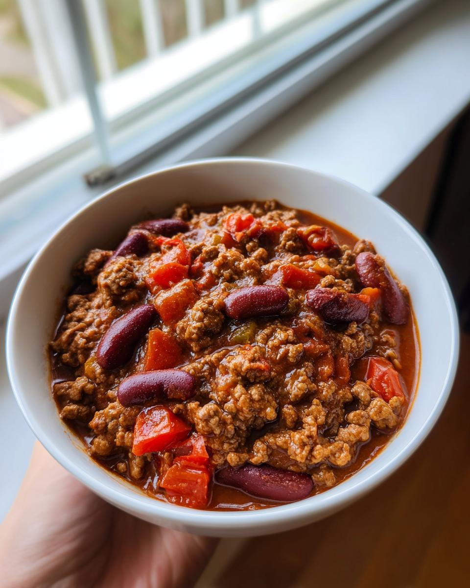 A bowl of hearty chili with kidney beans and ground beef, perfect for a quick dinner.