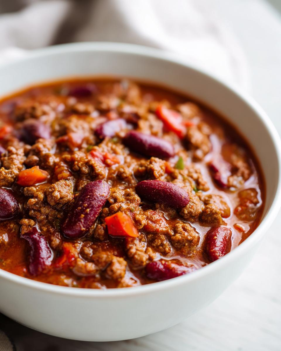 Bowl of hearty chili with kidney beans and ground beef, a perfect quick dinner option.