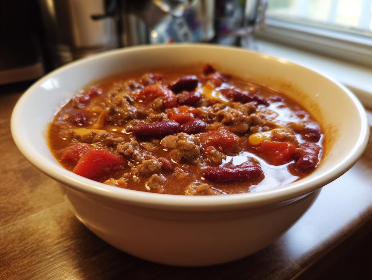 Bowl of hearty chili with ground beef, kidney beans, and tomatoes, a perfect quick dinner.