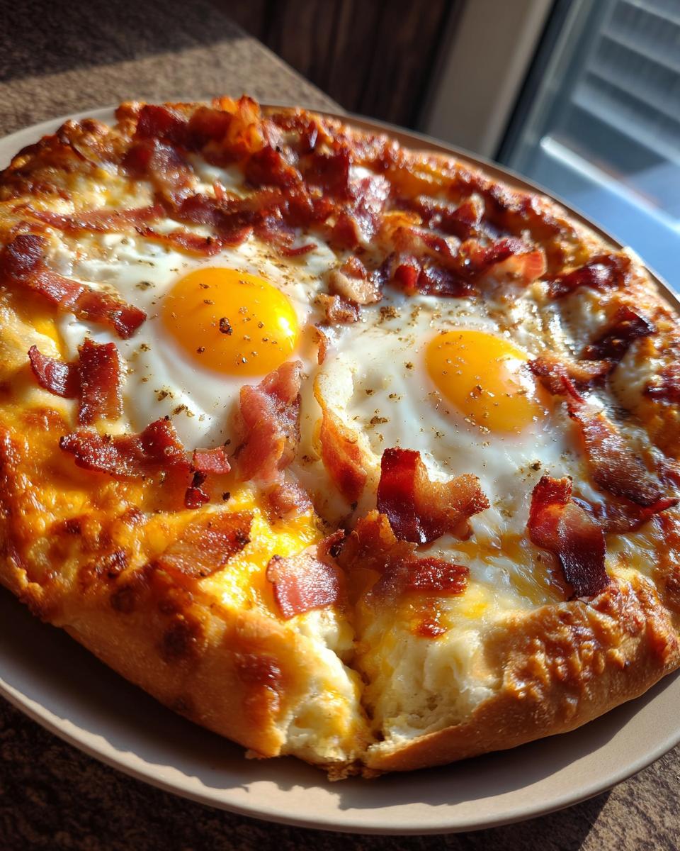 Close-up of a delicious Breakfast Pizza with Eggs & Bacon, featuring a golden crust, melted cheese, and two perfectly cooked eggs.