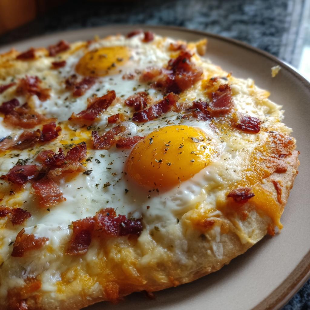 Close-up of a delicious Breakfast Pizza with Eggs & Bacon, featuring a golden crust, melted cheese, crispy bacon, and perfectly cooked eggs.