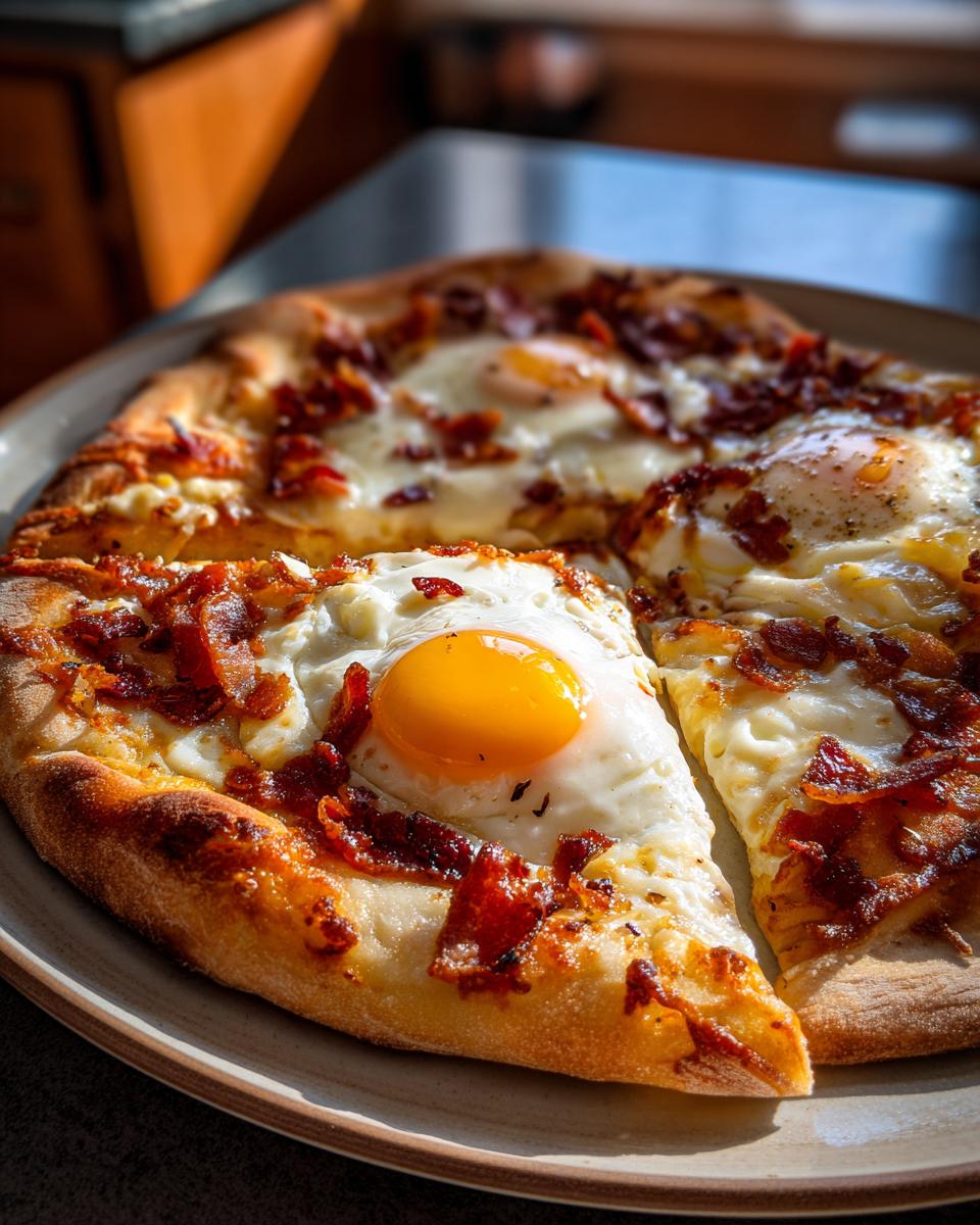 A slice of delicious Breakfast Pizza with Eggs & Bacon, featuring a runny egg yolk and crispy bacon.