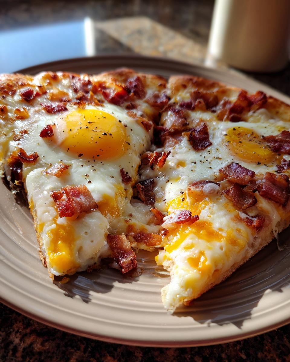 Close-up of a slice of breakfast pizza with eggs and bacon, featuring melted cheese and a golden egg yolk.