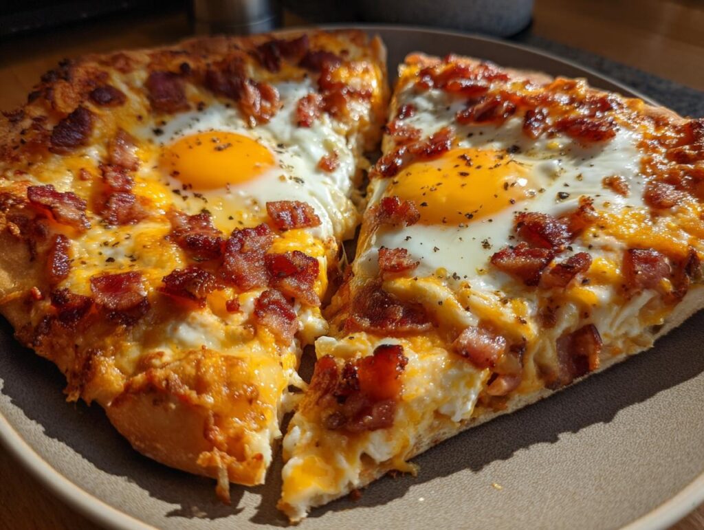 Close-up of two slices of Breakfast Pizza with Eggs & Bacon, featuring runny yolks and crispy bacon.