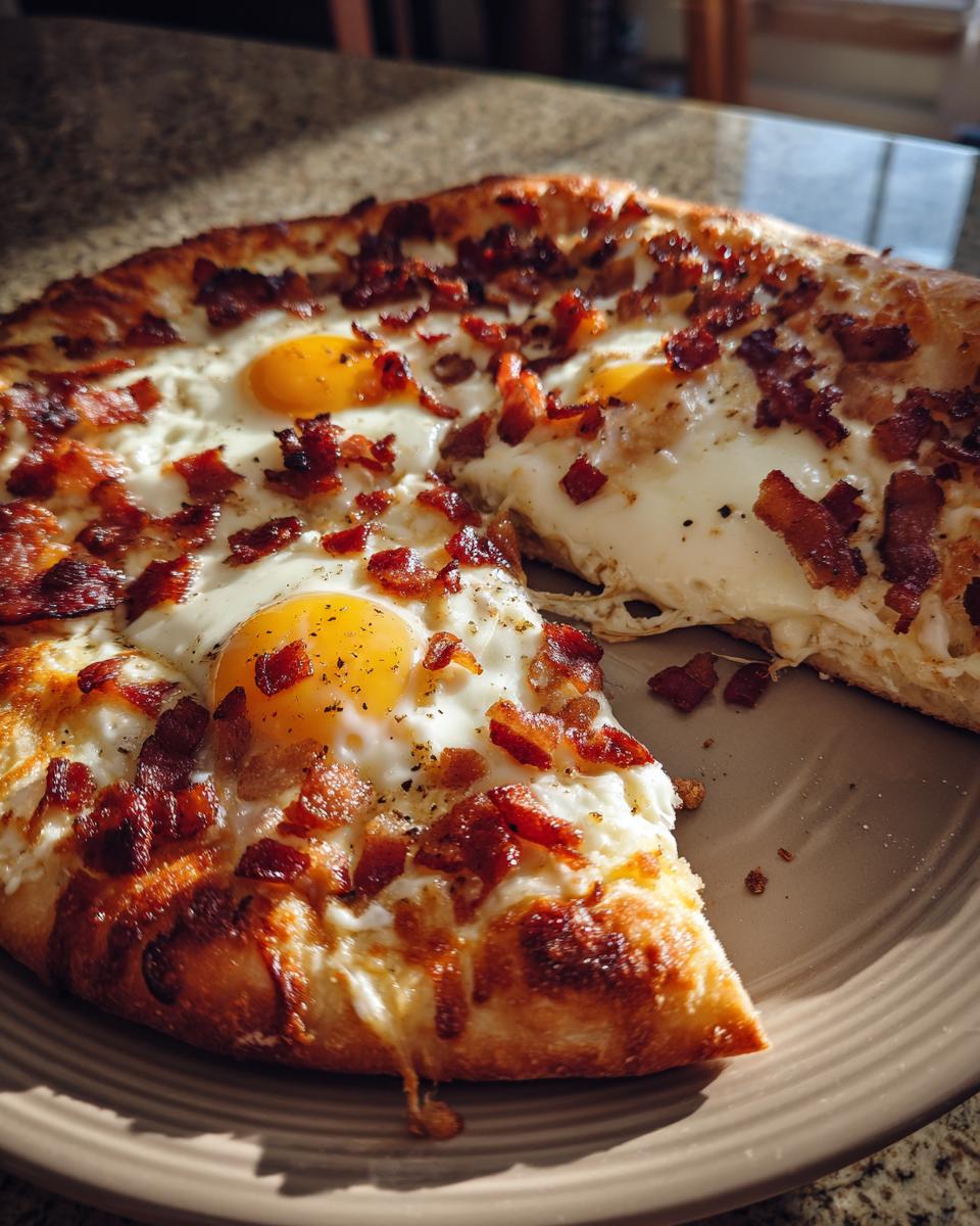 A delicious Breakfast Pizza with Eggs & Bacon, featuring a golden crust, melted cheese, and perfectly cooked eggs.