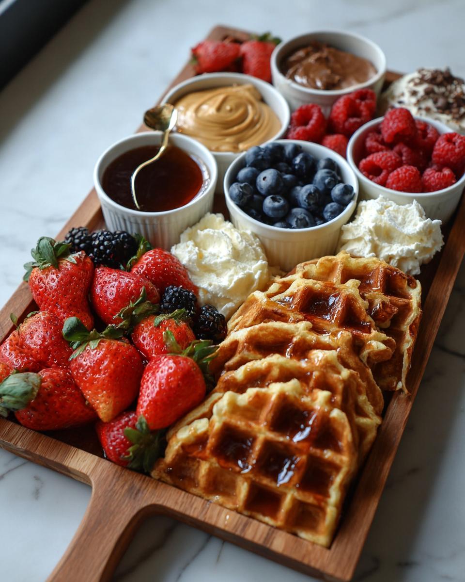 A delicious Breakfast Waffle Charcuterie Board featuring waffles, strawberries, blueberries, raspberries, and various dips like peanut butter and chocolate.