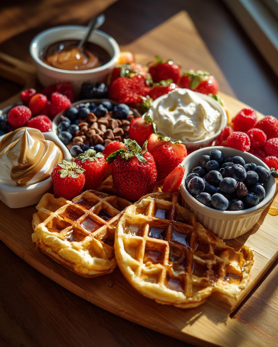 A delicious Breakfast Waffle Charcuterie Board filled with waffles, strawberries, blueberries, raspberries, whipped cream, and chocolate.