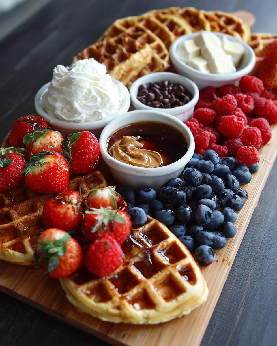 A delightful Breakfast Waffle Charcuterie Board featuring waffles, strawberries, blueberries, raspberries, chocolate chips, whipped cream, peanut butter, and syrup.
