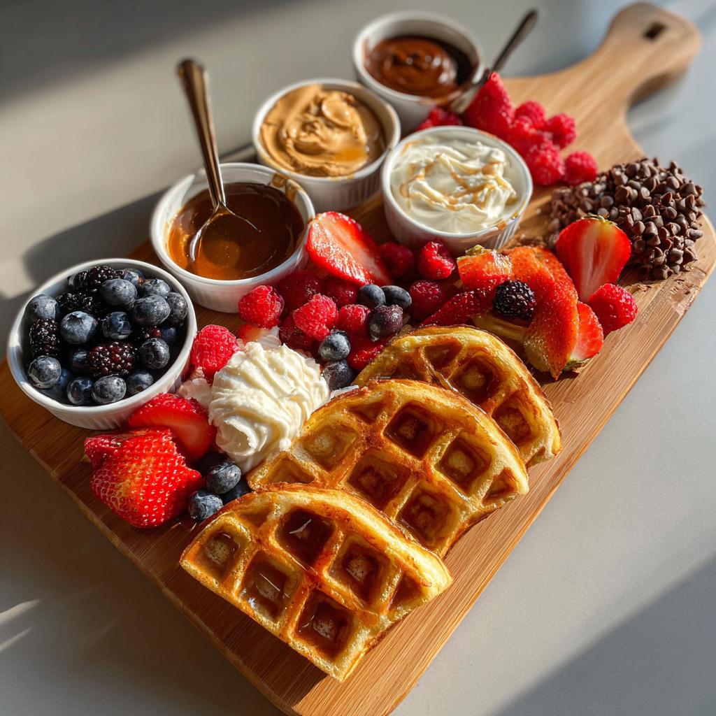 A beautiful Breakfast Waffle Charcuterie Board filled with waffles, fresh berries, whipped cream, peanut butter, chocolate chips, and caramel sauce.