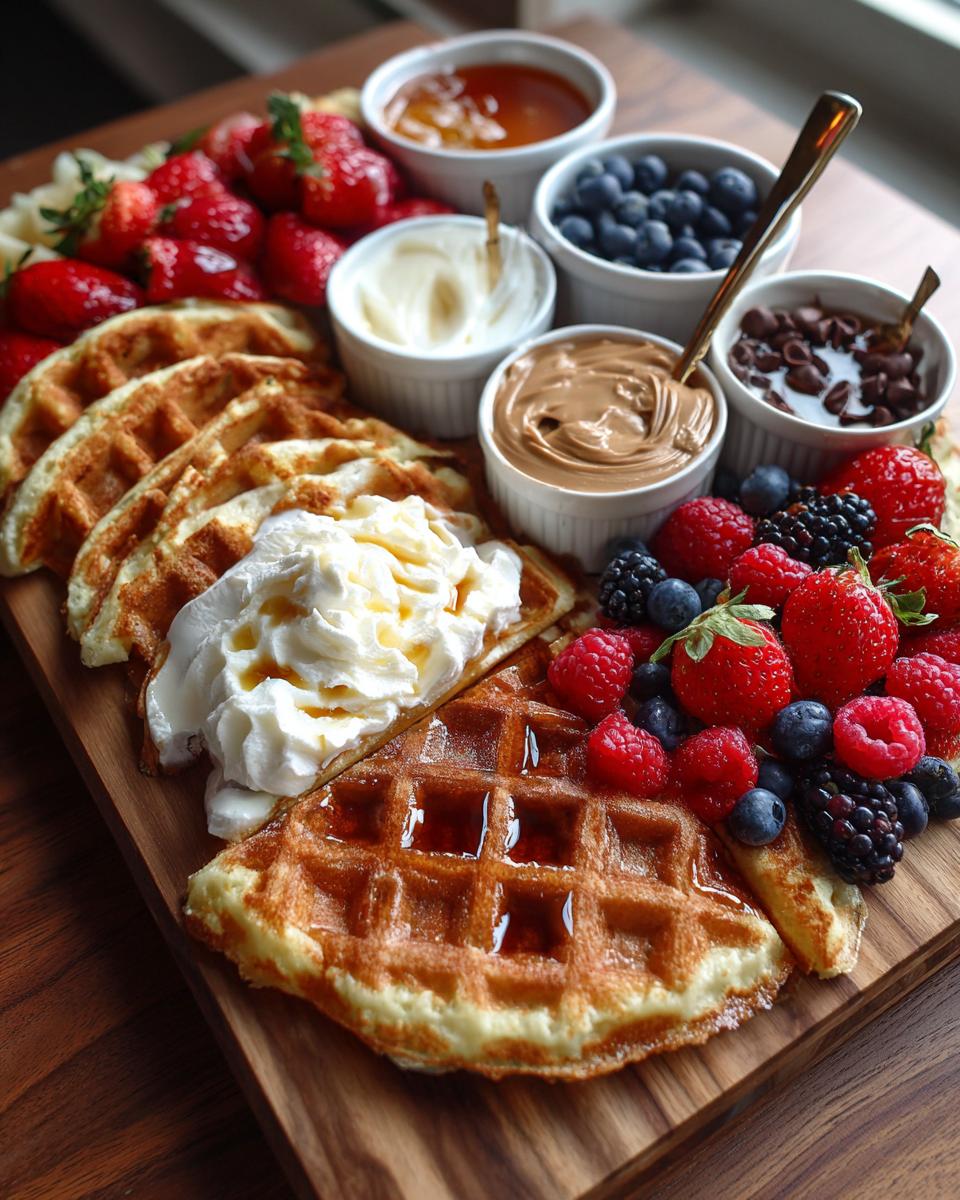 A delicious Breakfast Waffle Charcuterie Board featuring waffles, fresh berries, whipped cream, and various toppings.
