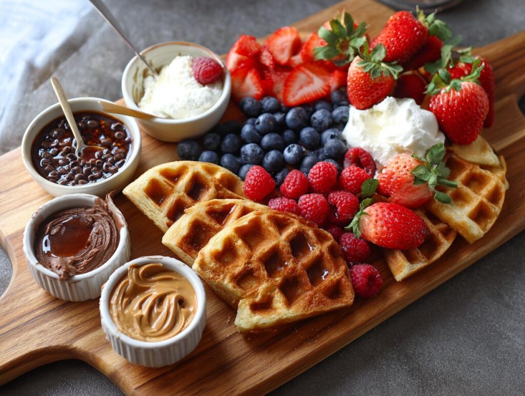 A beautiful Breakfast Waffle Charcuterie Board featuring waffles, fresh berries, whipped cream, chocolate spread, peanut butter, and chocolate chips.