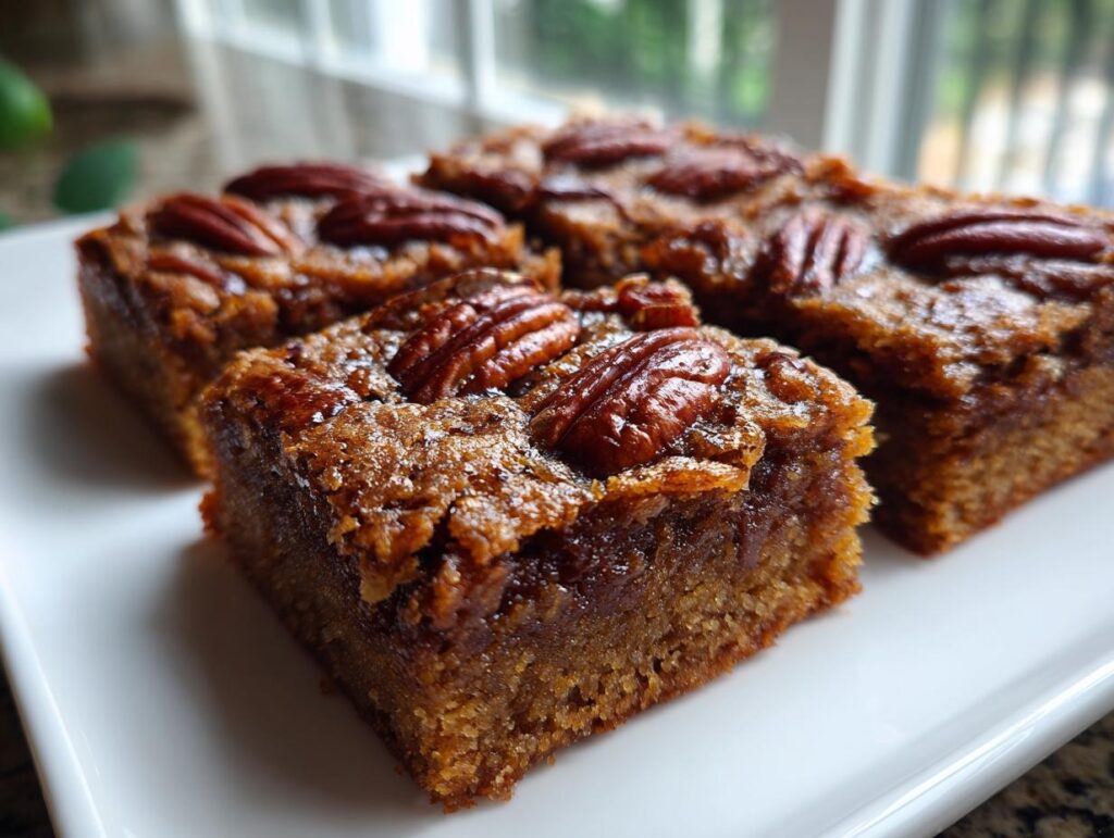 Close-up of Brown Butter Pecan Blondies, featuring pecan halves on top of the blondie squares.