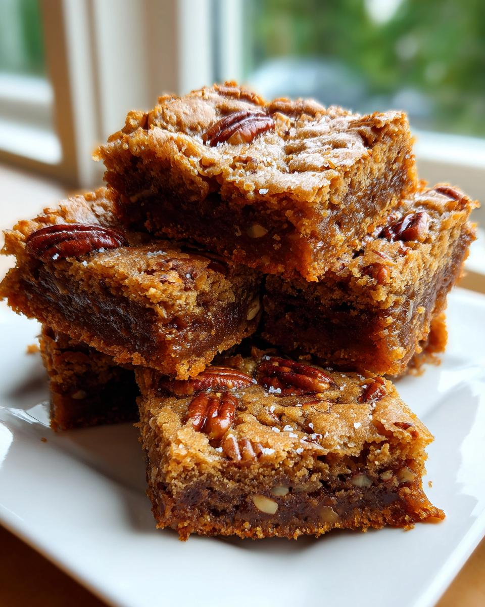 A stack of delicious Brown Butter Pecan Blondies topped with pecans and sea salt.