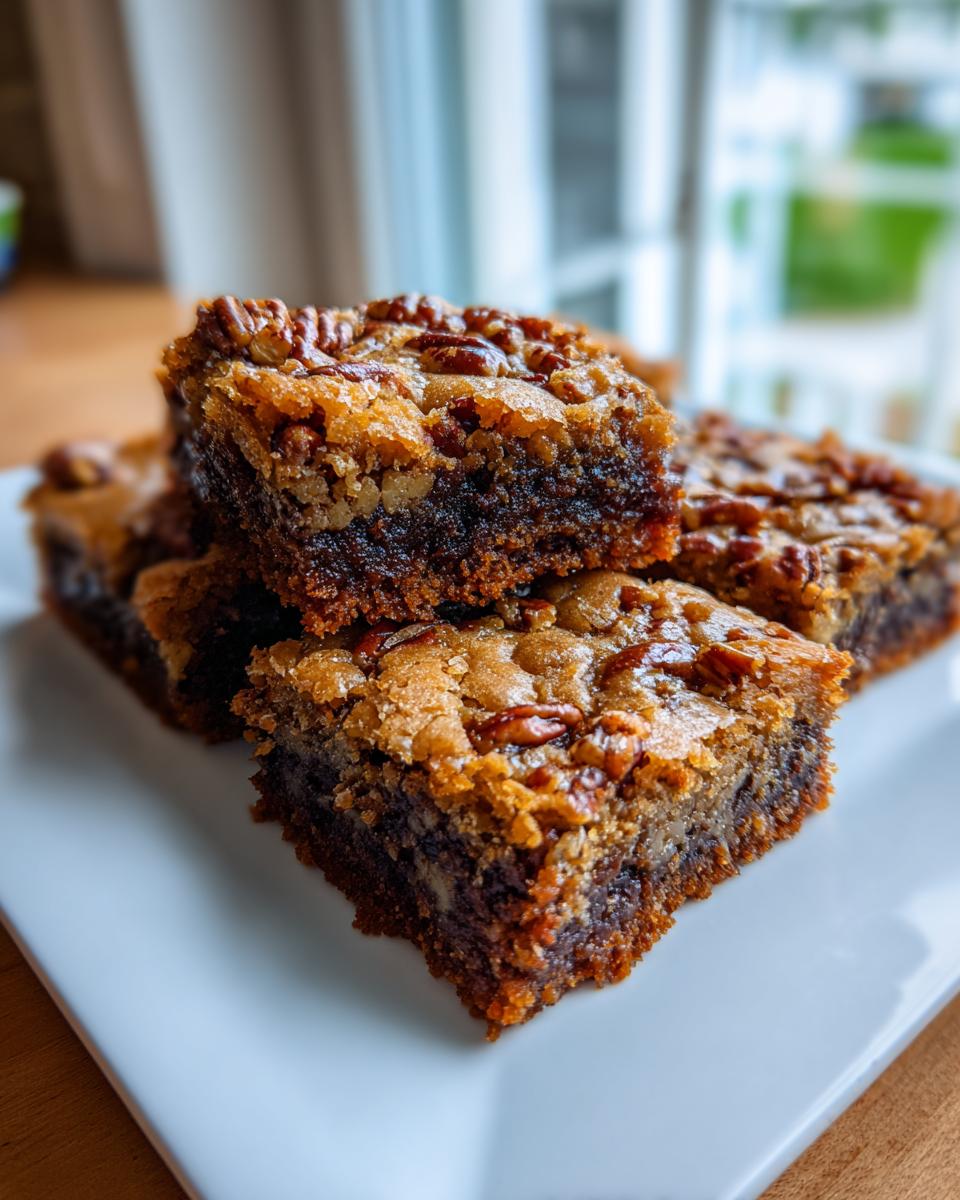 A stack of delicious Brown Butter Pecan Blondies on a white plate, showcasing the pecan topping and rich texture.