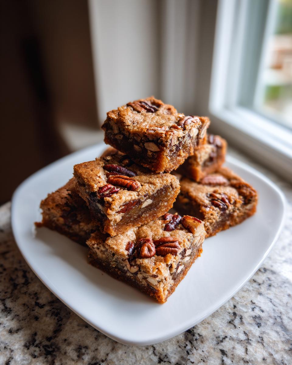 A stack of delicious Brown Butter Pecan Blondies on a white plate, showcasing the pecan topping.