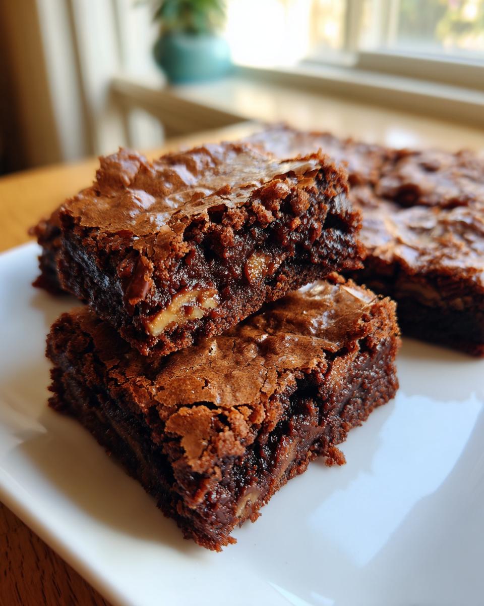 Two Brown Butter Pecan Blondies stacked on a white plate, showcasing the rich texture and pecan pieces.