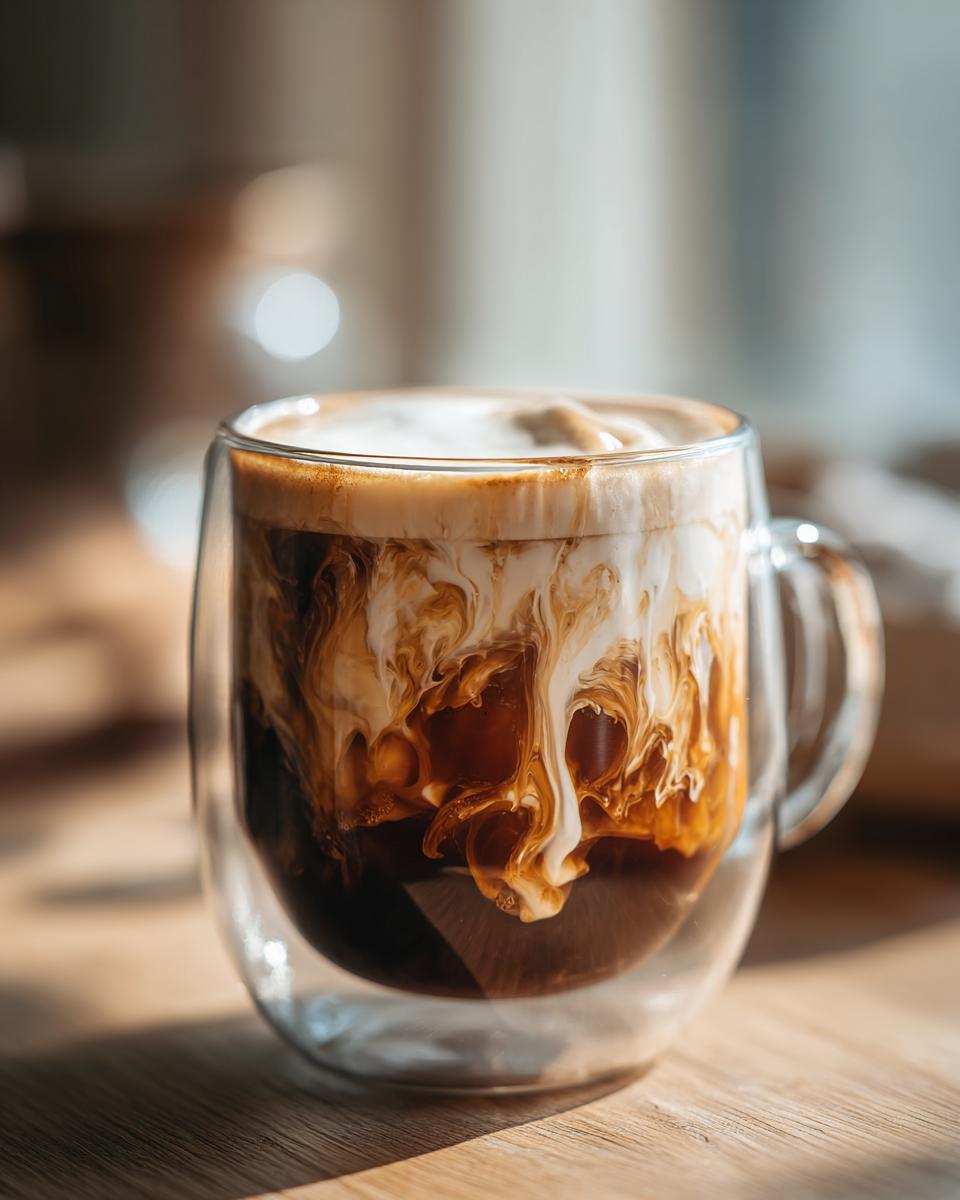A delicious iced brown sugar coffee drink in a clear glass mug with cream swirling into the coffee.