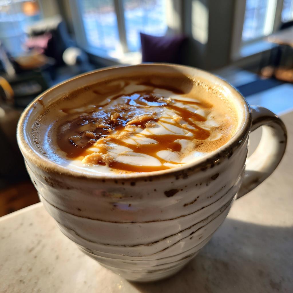 A close-up of brown sugar coffee drinks in a ceramic mug, topped with caramel drizzle and brown sugar.