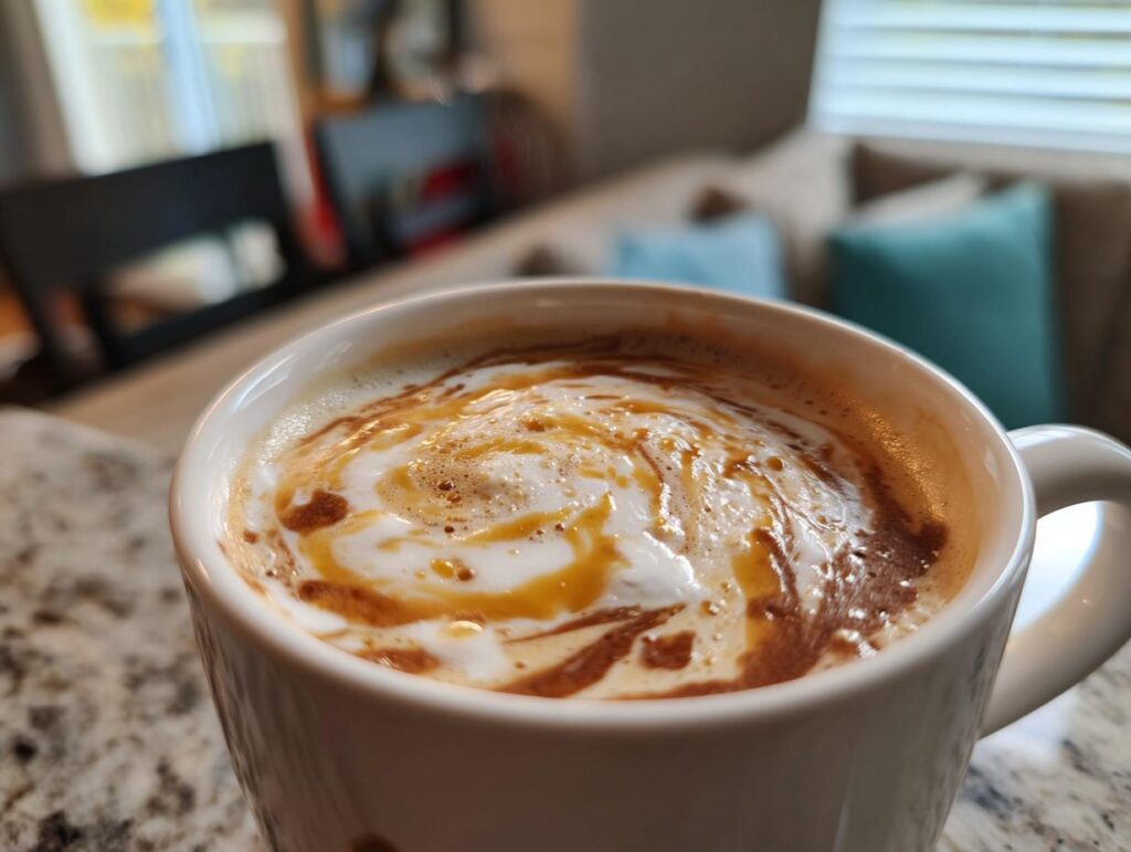 A close-up of a mug filled with brown sugar coffee drinks, featuring a swirl of cream and brown sugar syrup.