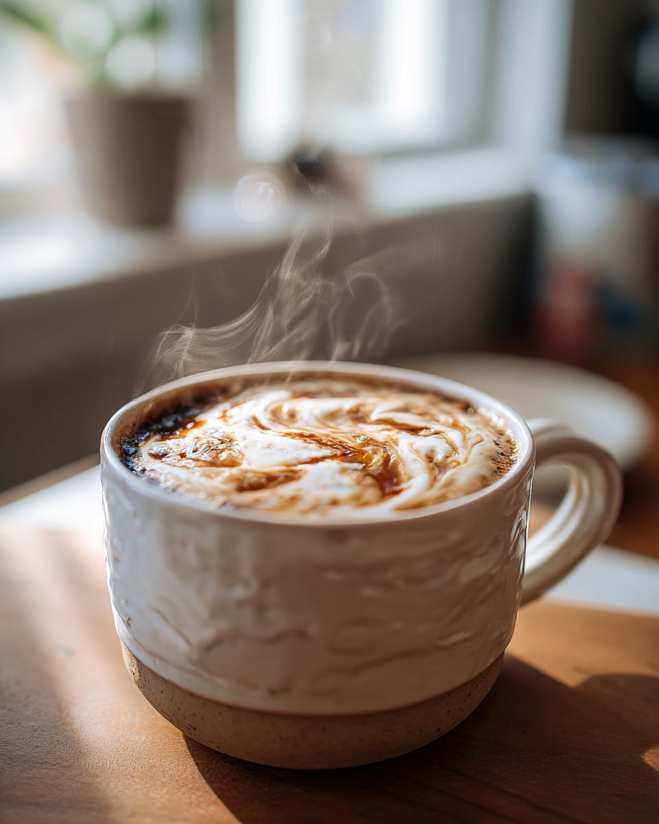 A steaming mug of brown sugar coffee drinks with a creamy swirl, sitting on a wooden surface.