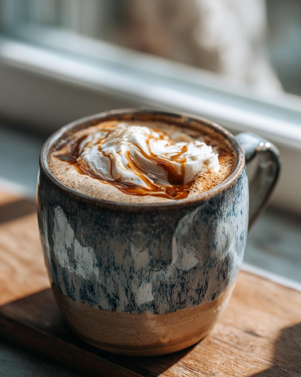 A mug of brown sugar coffee drinks topped with whipped cream and a drizzle of brown sugar syrup.