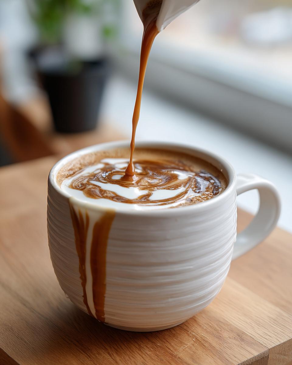 Brown sugar coffee drinks being poured into a white mug, creating a swirl of flavor on top.