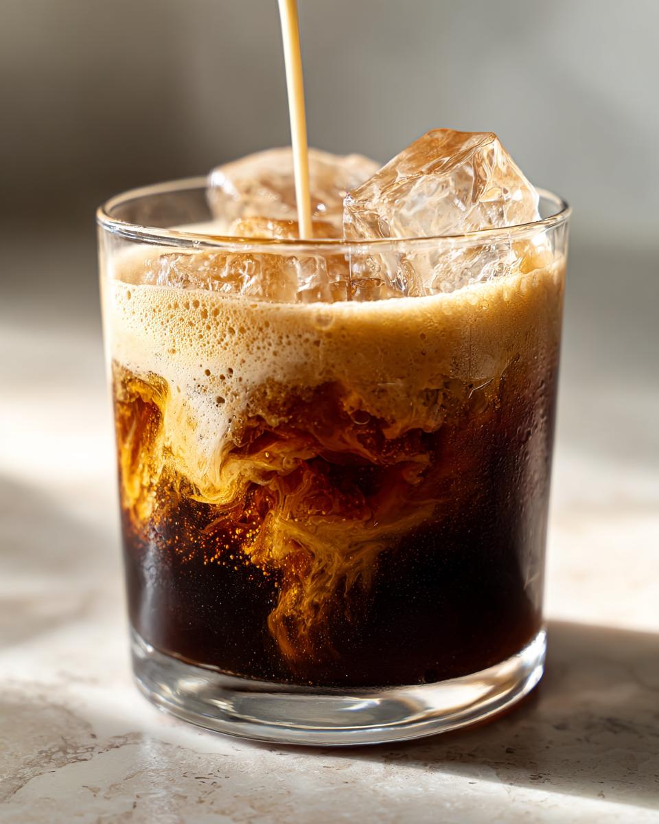Close-up of a Brown Sugar Shaken Espresso being poured with cream creating a beautiful swirl over ice.