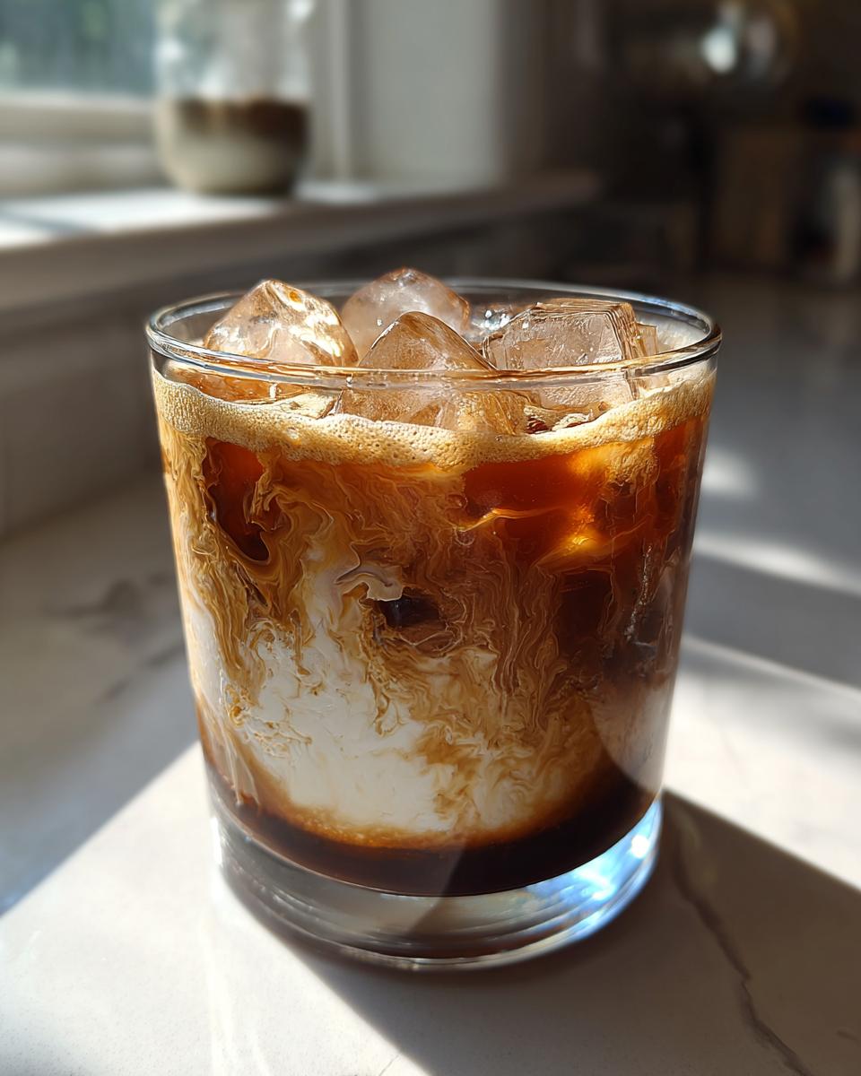 A close-up of a refreshing Brown Sugar Shaken Espresso with ice and cream swirling into the coffee.