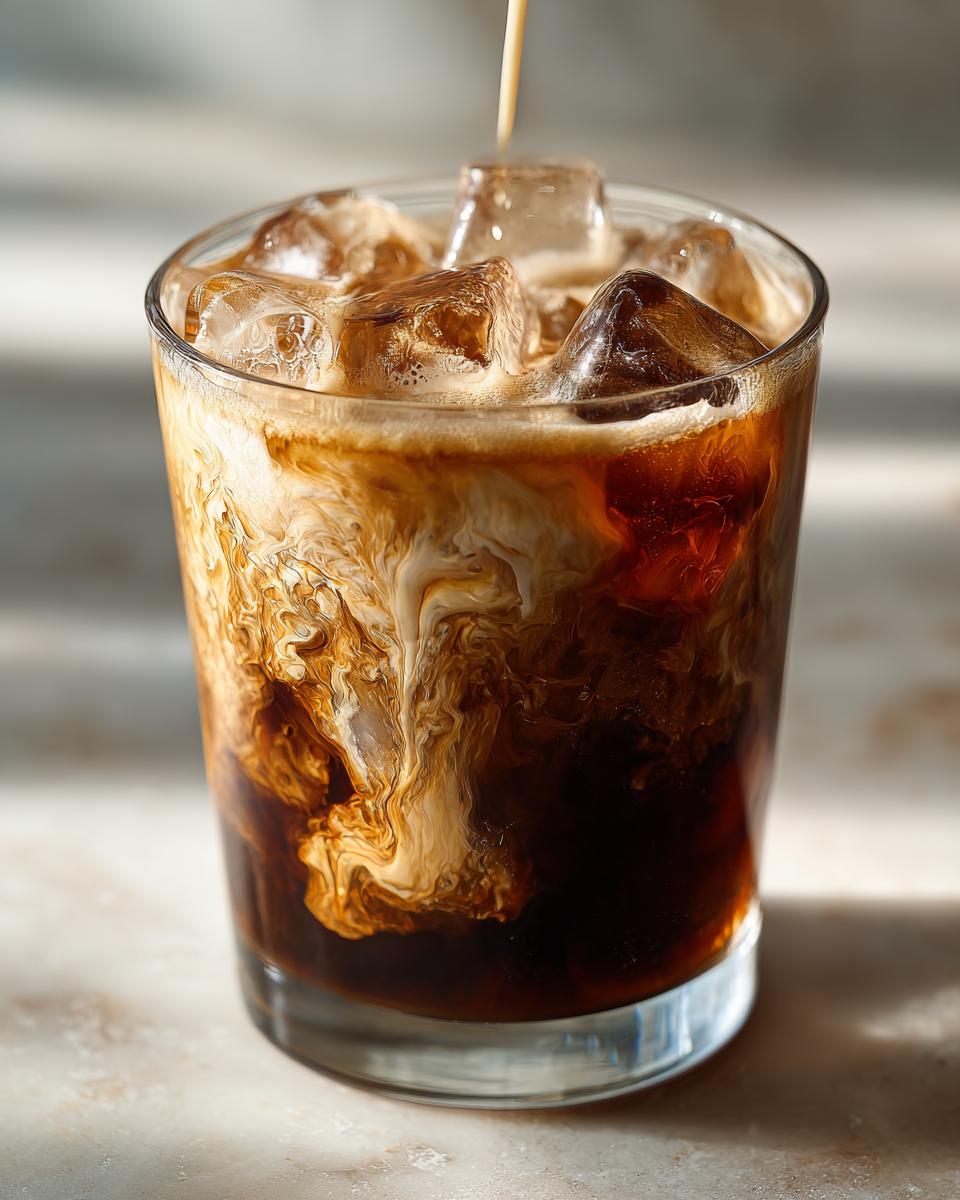 A close-up of a Brown Sugar Shaken Espresso with cream being poured in, creating beautiful swirls over ice.