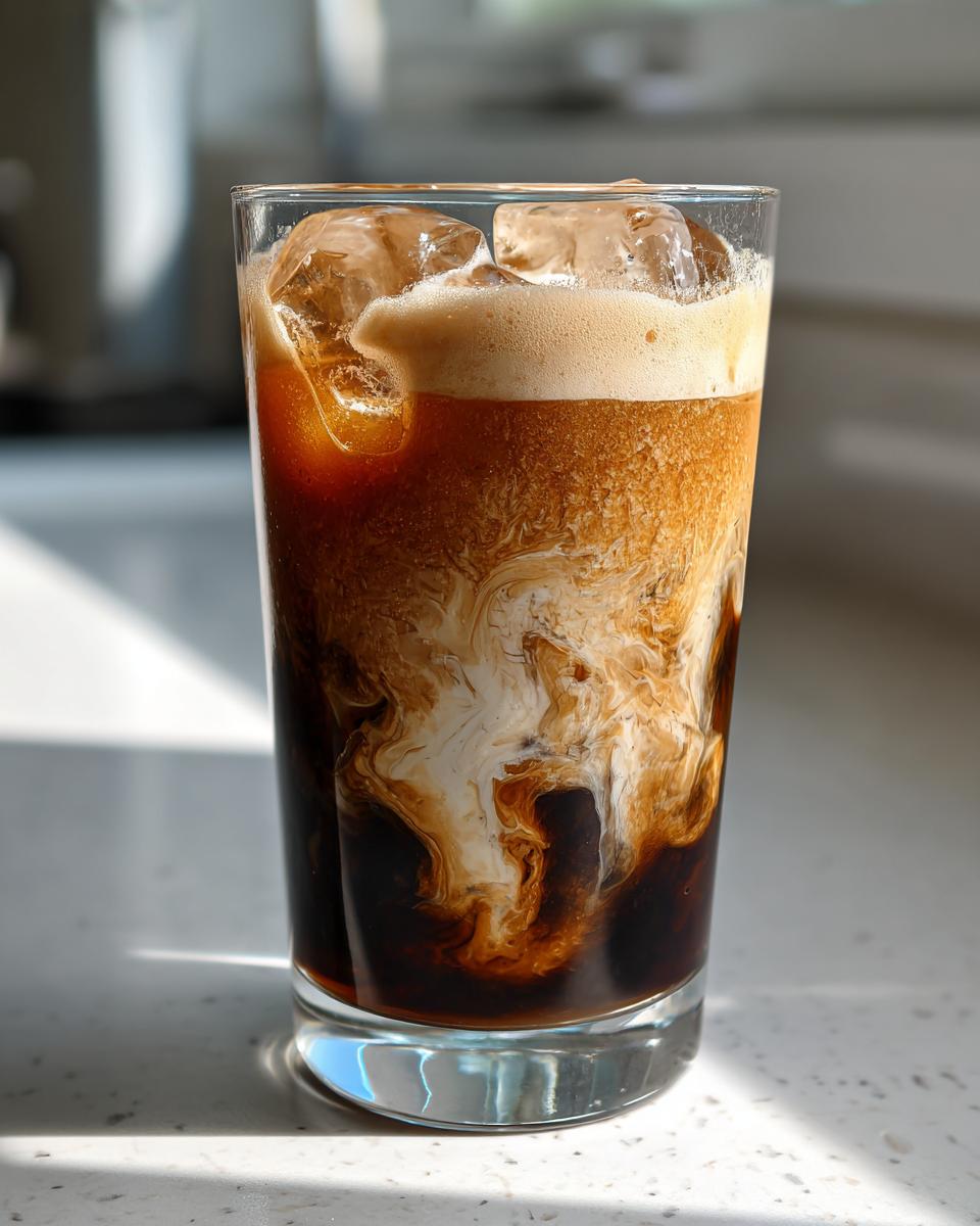 A tall glass filled with Brown Sugar Shaken Espresso, ice, and swirling cream.