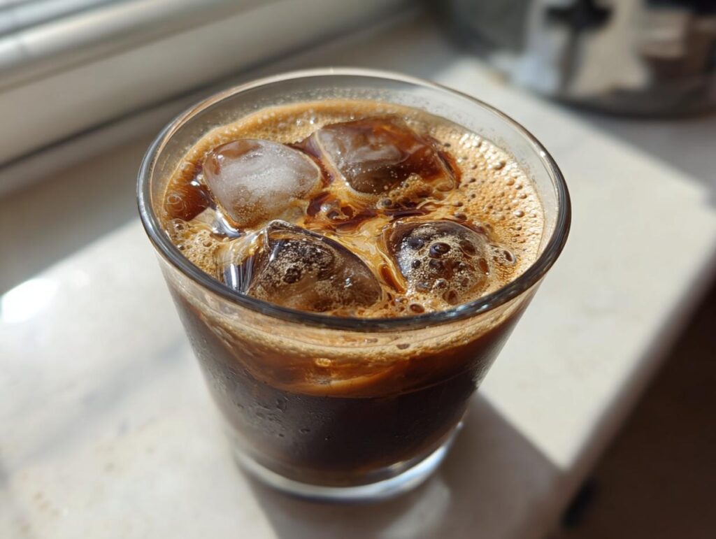 Close-up of a glass filled with brown sugar shaken espresso and ice cubes, with a frothy top.