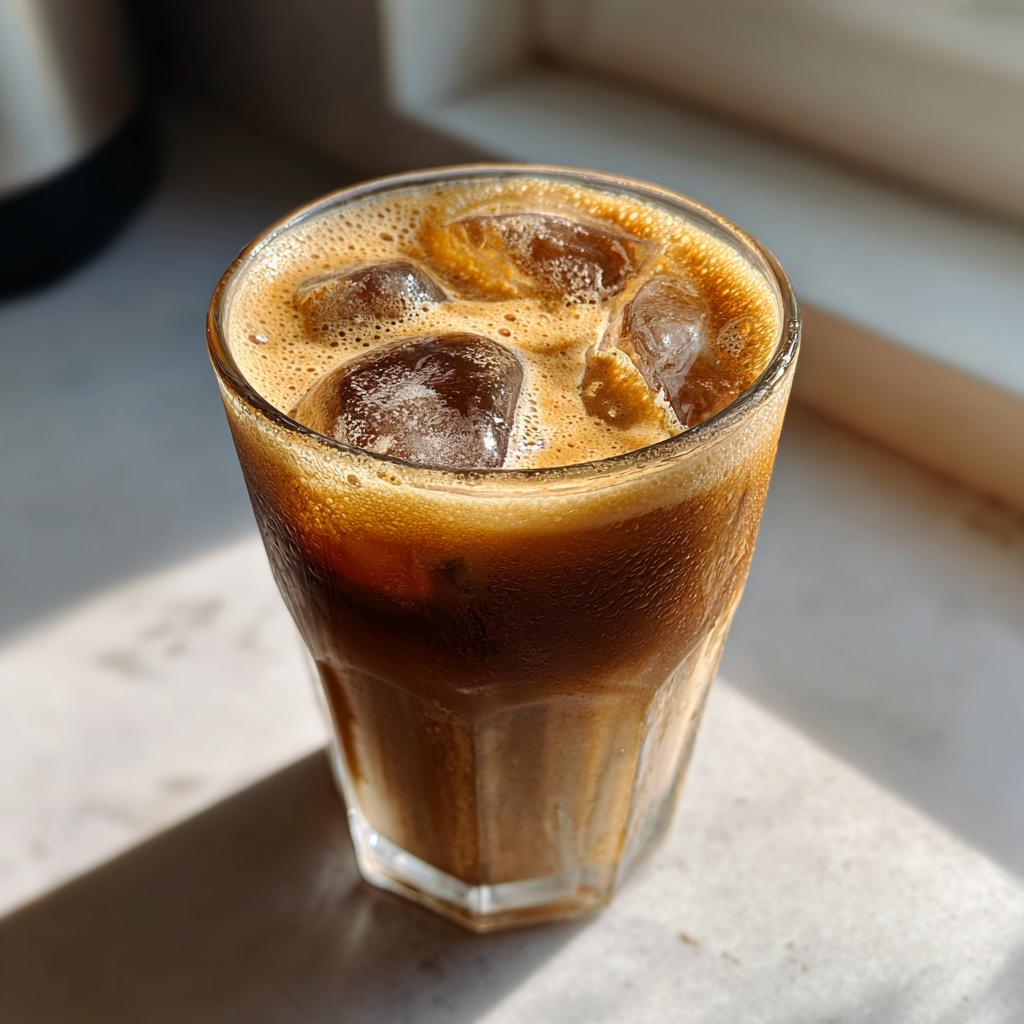 A tall glass filled with iced Brown Sugar Shaken Espresso, topped with foam and ice cubes.