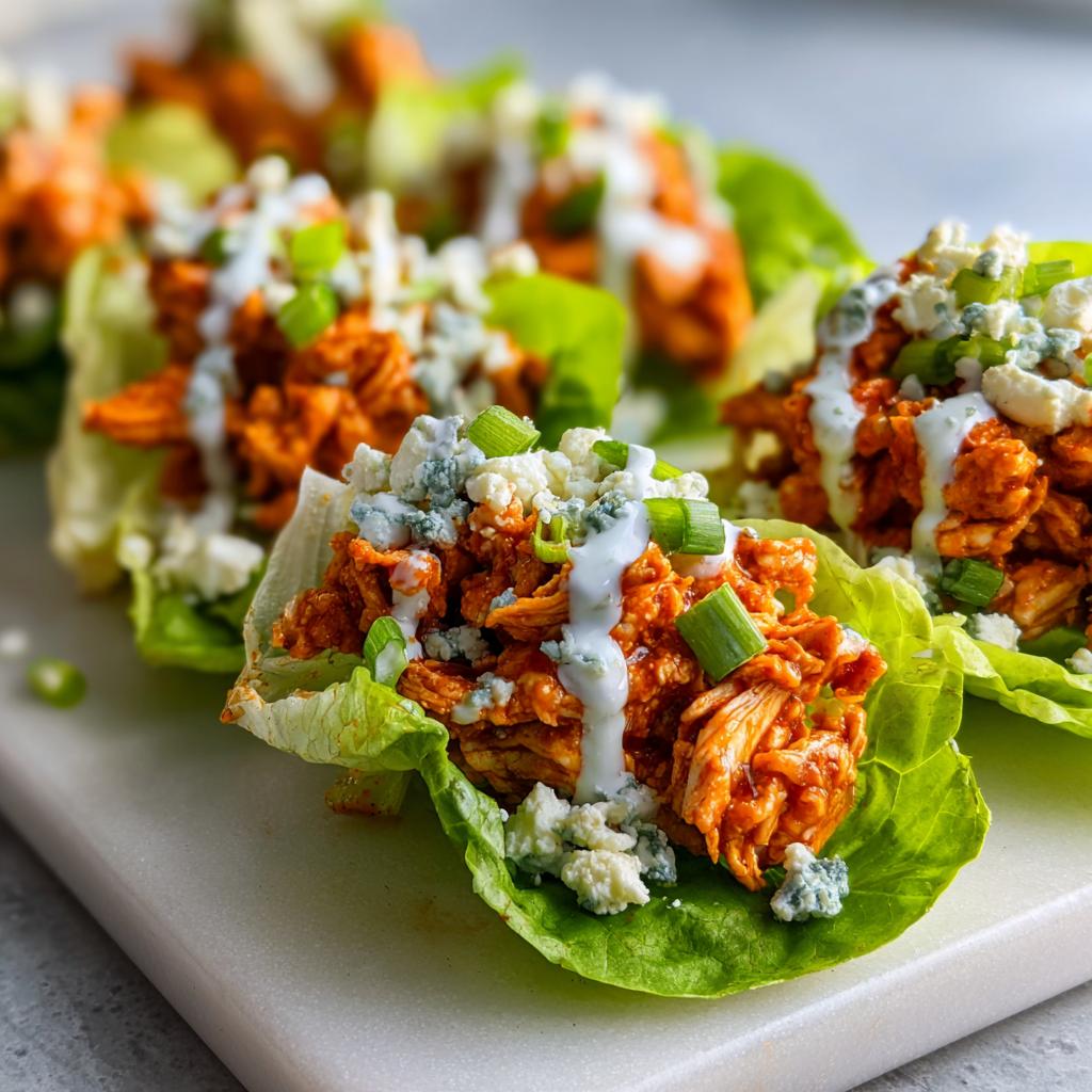 Close-up of Buffalo Chicken Lettuce Wraps topped with blue cheese crumbles and green onions.
