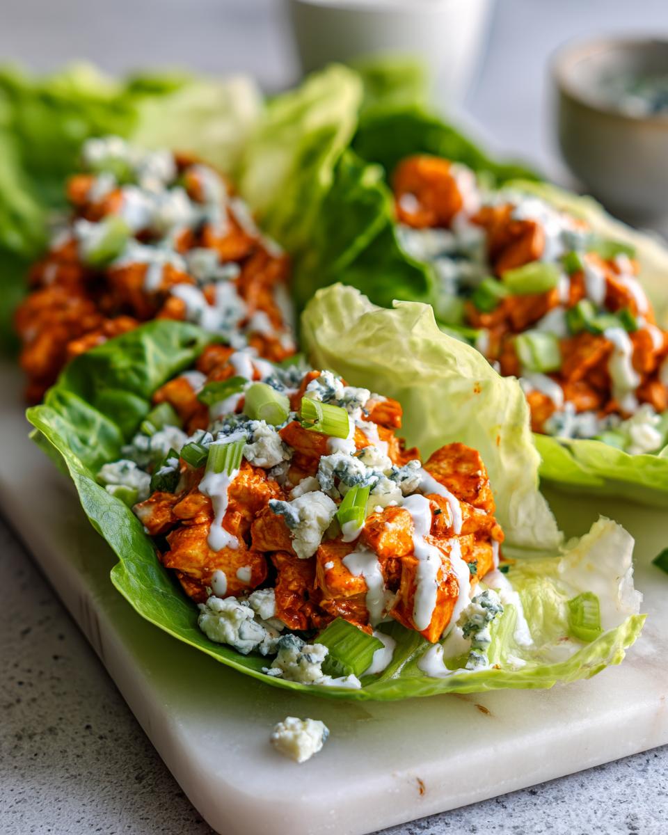 Close-up of Buffalo Chicken Lettuce Wraps filled with shredded chicken, blue cheese, and green onions, drizzled with ranch.
