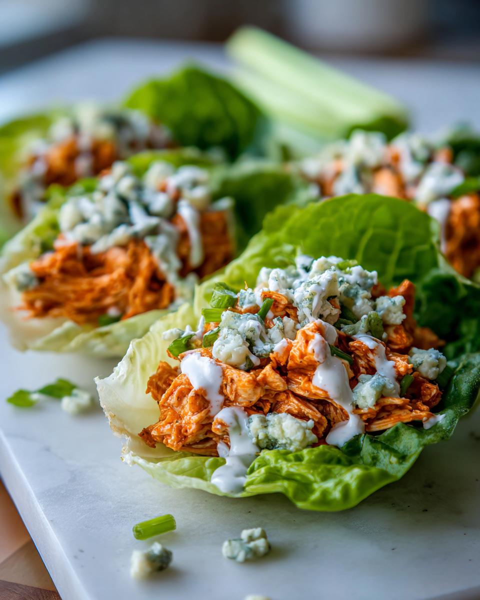 Close-up of Buffalo Chicken Lettuce Wraps topped with blue cheese crumbles and ranch dressing.