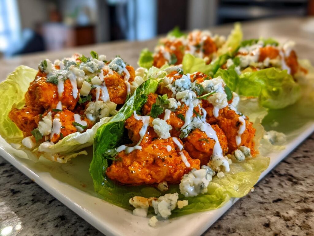 Close-up of spicy Buffalo Chicken Lettuce Wraps topped with blue cheese crumbles and a drizzle of ranch.