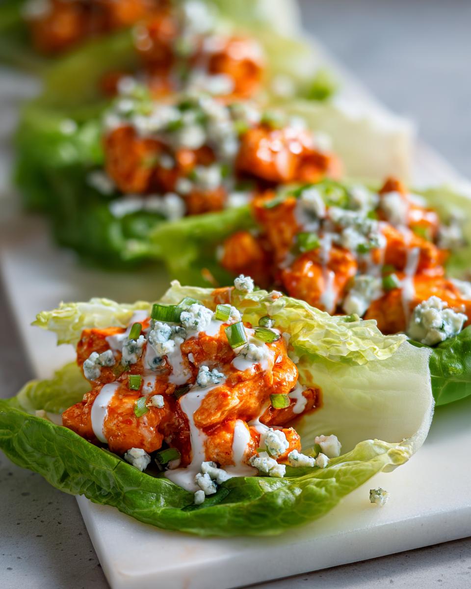 Close-up of Buffalo Chicken Lettuce Wraps topped with blue cheese crumbles and ranch dressing.