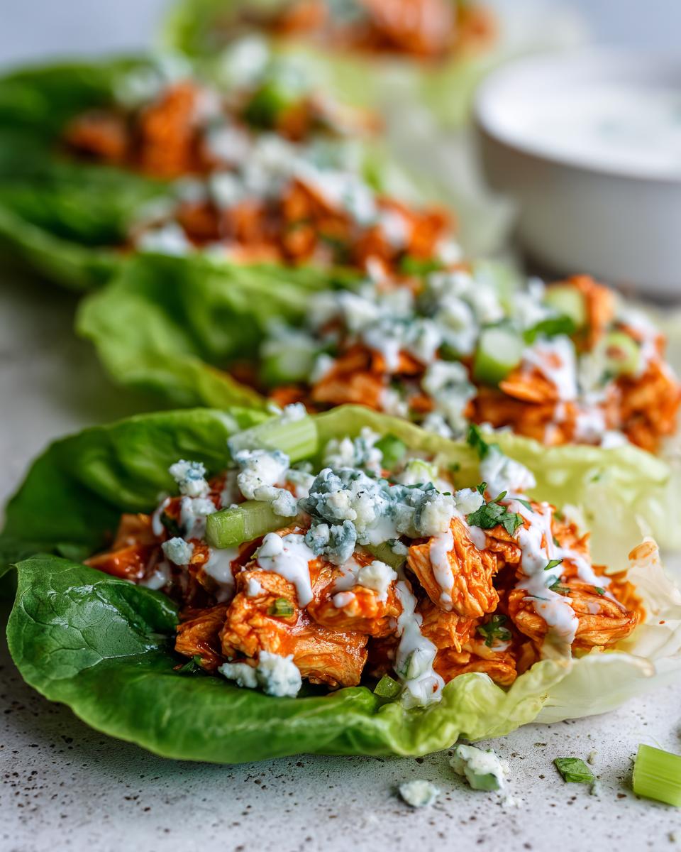 Close-up of Buffalo Chicken Lettuce Wraps topped with blue cheese crumbles and ranch dressing.