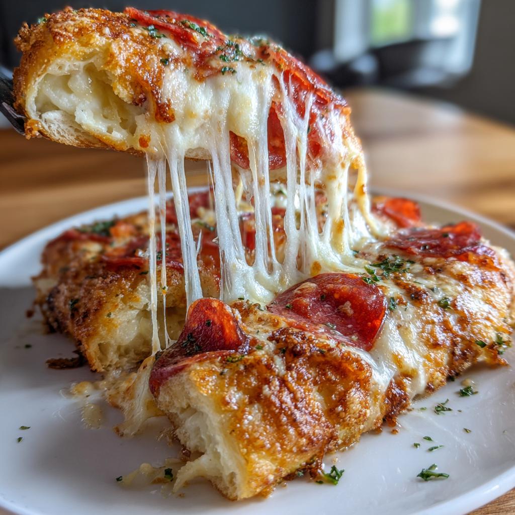 A slice of Buffalo Chicken Pizza being lifted, with long strings of melted cheese stretching.