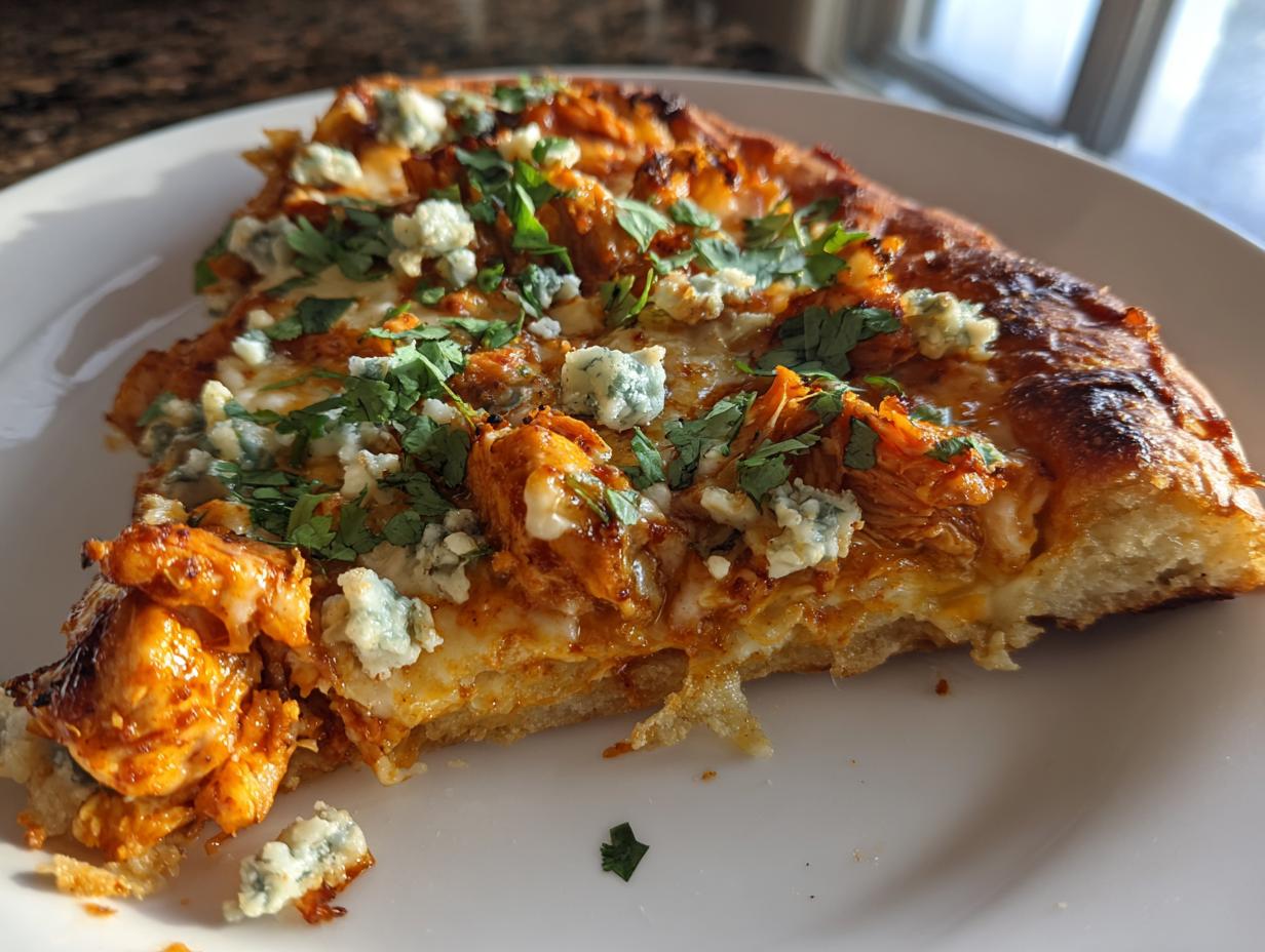 A delicious slice of spicy Buffalo Chicken Pizza topped with blue cheese crumbles and fresh parsley.