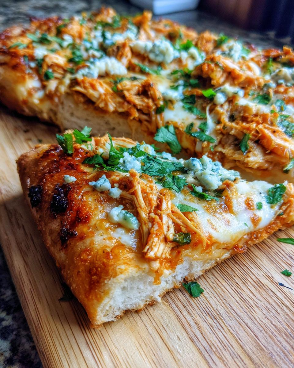A close-up of a slice of spicy Buffalo Chicken Pizza, topped with shredded chicken, cheese, and blue cheese crumbles.