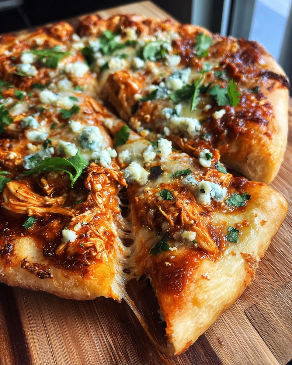 A mouthwatering slice of Buffalo Chicken Pizza, featuring shredded chicken, melted cheese, blue cheese crumbles, and fresh cilantro.