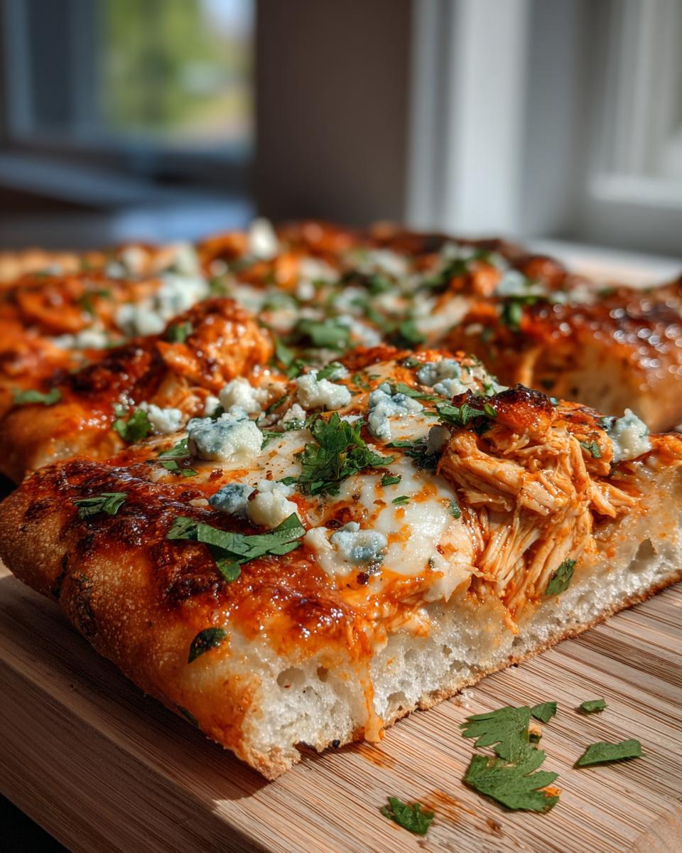 A close-up of a delicious slice of Buffalo Chicken Pizza, topped with shredded chicken, melted mozzarella, blue cheese crumbles, and fresh parsley.